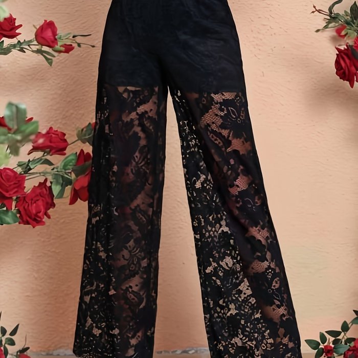 Women's Black Lace-Trimmed Sheer Mesh Wide-Leg Pants