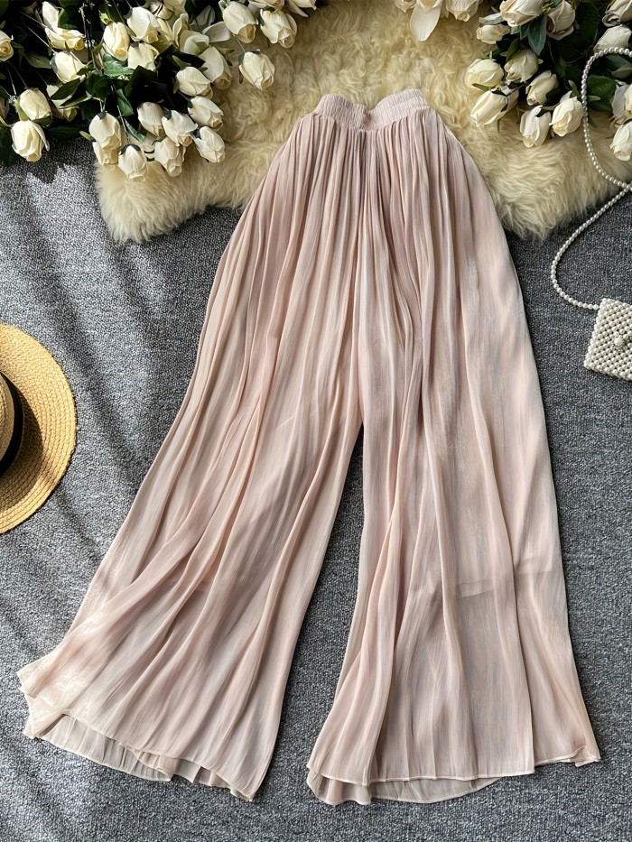 Women's Elegant Solid Color Elastic Waist Relaxed Fit Casual Outings Wide-Leg Pants