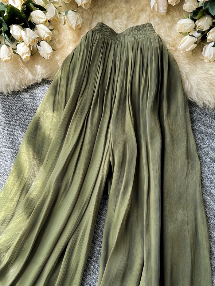 Women's Elegant Solid Color Elastic Waist Relaxed Fit Casual Outings Wide-Leg Pants