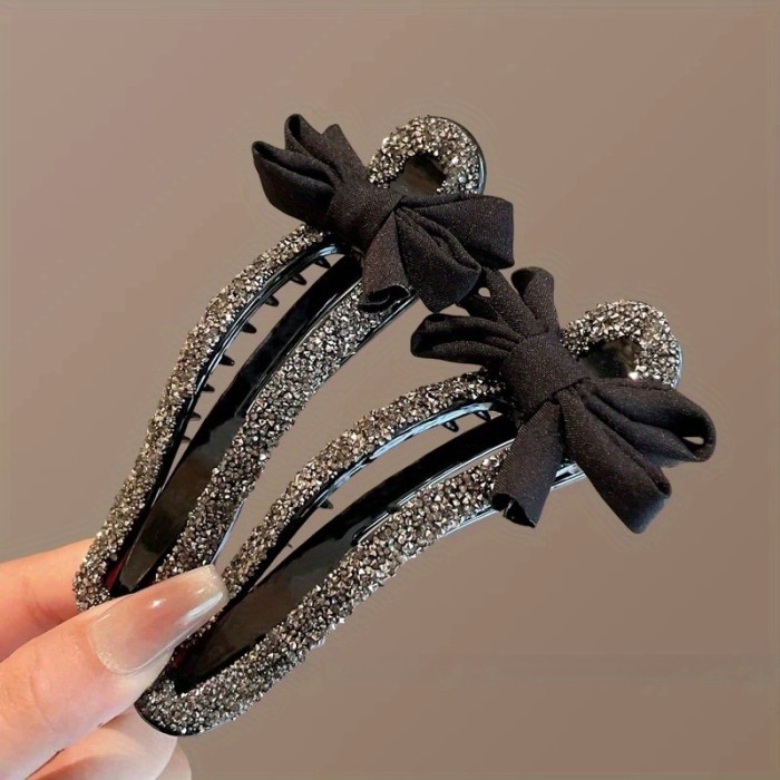 Vintage French Retro Bowknot Duckbill Hair Clip for Women - Black Acrylic Back of Head Hairpin with Sparkling Embellishments, Elegant Autumn Winter Hair Accessory, Cute Hair Accessories, Celebrity Hairstyle, Sophisticated Design