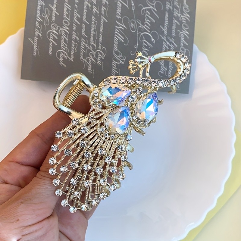 Vintage Peacock Feather Hair Claw Clip for Women - Elegant Zinc Alloy Shark Clip with Crystal Accents, Updo Grip Accessory for Stylish Hairdos, Hair Accessories