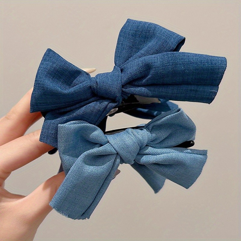 Women'S Navy Blue Double-Sided Bow Hair Claw Clip - Chic Half-Up Shark Grip Hair Accessory for Parties & Events, Durable Fabric Design, Party Hair Clip | Chic Bow Design | Fabric Construction