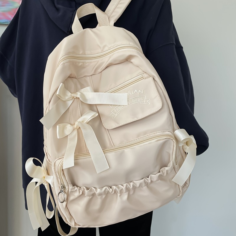 Large Capacity, Lightweight Letter Graphic Bow Decor Functional Backpack Zipper Beige for Teen Girls Women College Students Perfect for School, College,Back to School