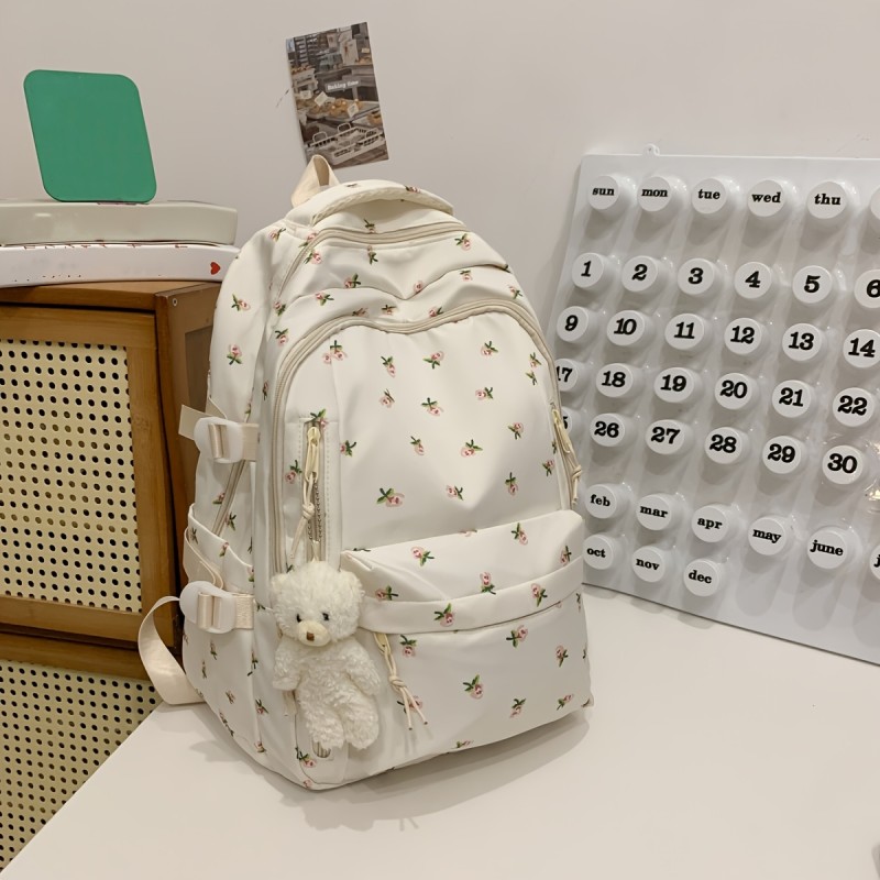 Large Capacity Women'S Backpack with Rose Print, Multiple Compartments & Pockets, Thick Polyester Student Bag with Teddy Bear Pendant Accessory, White Zip-Up Backpack