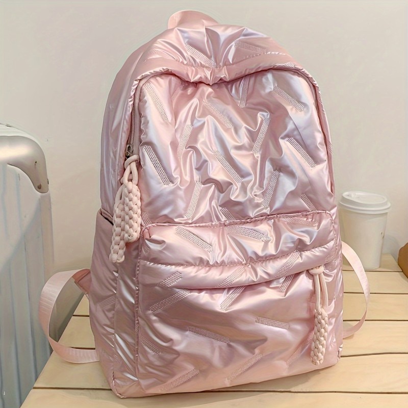 1pc Pink Nylon Backpack for Women - Trendy Solid Color Padded Design with Large Capacity, Adjustable Straps, and Utility Pocket - Ideal for Travel, School, and College Students, Teen Girls, Freshmen, Sophomores, Juniors - Soft Shell Zippered Rucksack