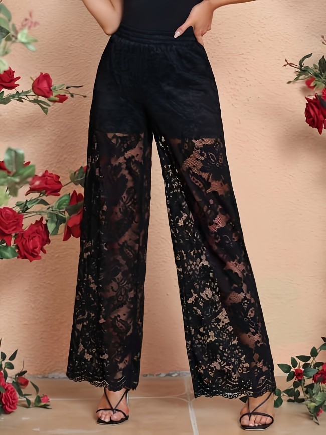 Women's Black Lace-Trimmed Sheer Mesh Wide-Leg Pants