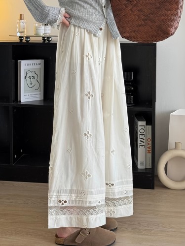 Women'S High-Waist Floral Embroidery Comfortable Loose Fit Wide-Leg Lace Pants