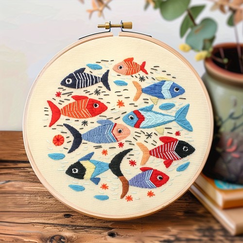 1pc Embroidery Kit, 20x20cm\u002F7.9x7.9inch Colorful Fish Pattern Needle Craft Handmade DIY Art for Adult Beginners, with Stamped Pattern, Instructions, Embroidery Hoop, Color Threads and Needles