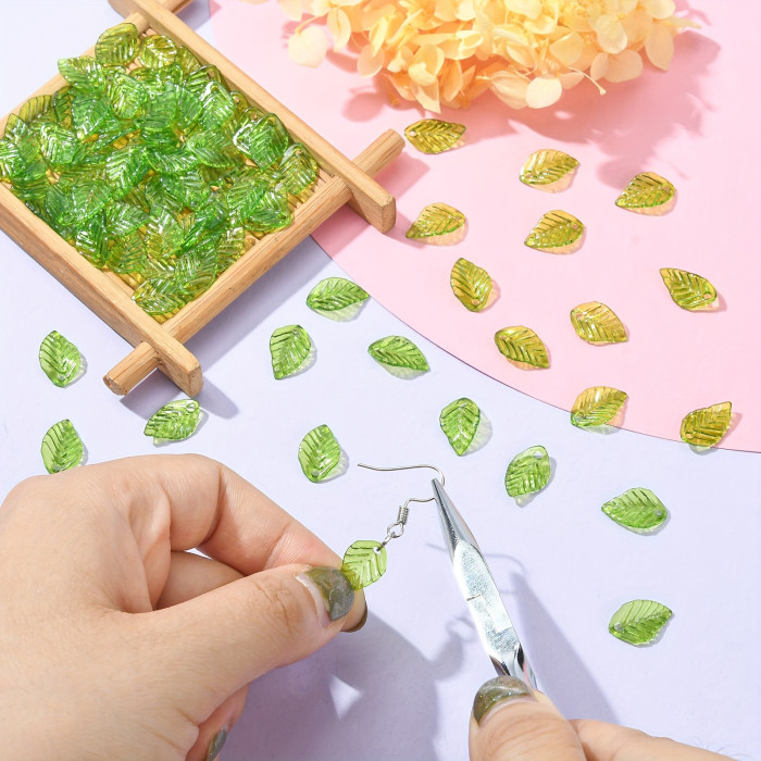 100Pcs Transparent Green Acrylic Leaf Pendants - Drilled Hole, Ideal for DIY Jewelry Making, Keychain, Earrings, and Small Business Crafts