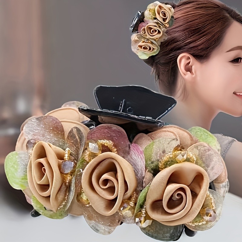 Non-slip Hair Claw Clips - 1pc Crossing Teeth Styling Tool For Women - Flower Beads Decor