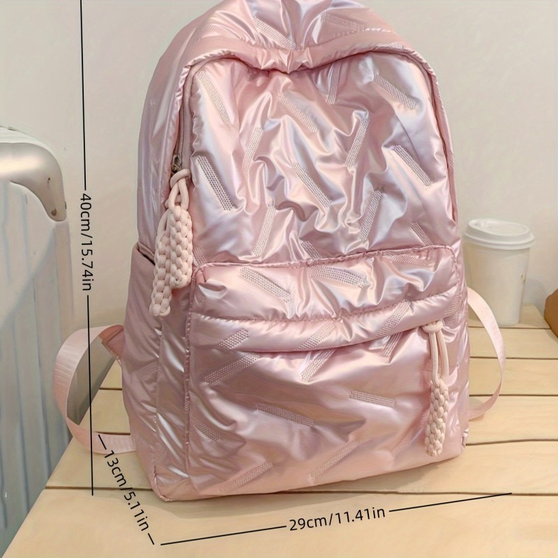 1pc Pink Nylon Backpack for Women - Trendy Solid Color Padded Design with Large Capacity, Adjustable Straps, and Utility Pocket - Ideal for Travel, School, and College Students, Teen Girls, Freshmen, Sophomores, Juniors - Soft Shell Zippered Rucksack