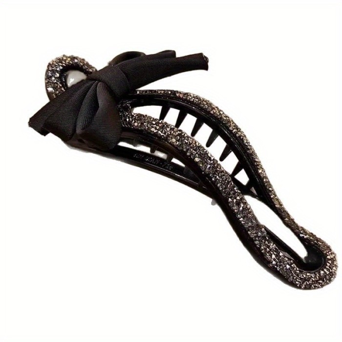 Vintage French Retro Bowknot Duckbill Hair Clip for Women - Black Acrylic Back of Head Hairpin with Sparkling Embellishments, Elegant Autumn Winter Hair Accessory, Cute Hair Accessories, Celebrity Hairstyle, Sophisticated Design
