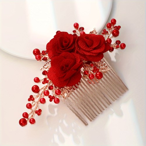 Vintage Hair Comb Red Vintage Elegant Floral Hair Comb Clip with Rhinestones and Pearls | Metal Bridal Headpiece, Wedding Dress Accessory for Women and Girls, Single Piece, Solid Color
