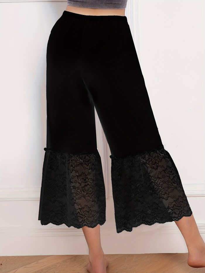 Lace Panelled Loose-Fitting Comfortable Elegant Solid Color Base Layer Wide-Leg Pants