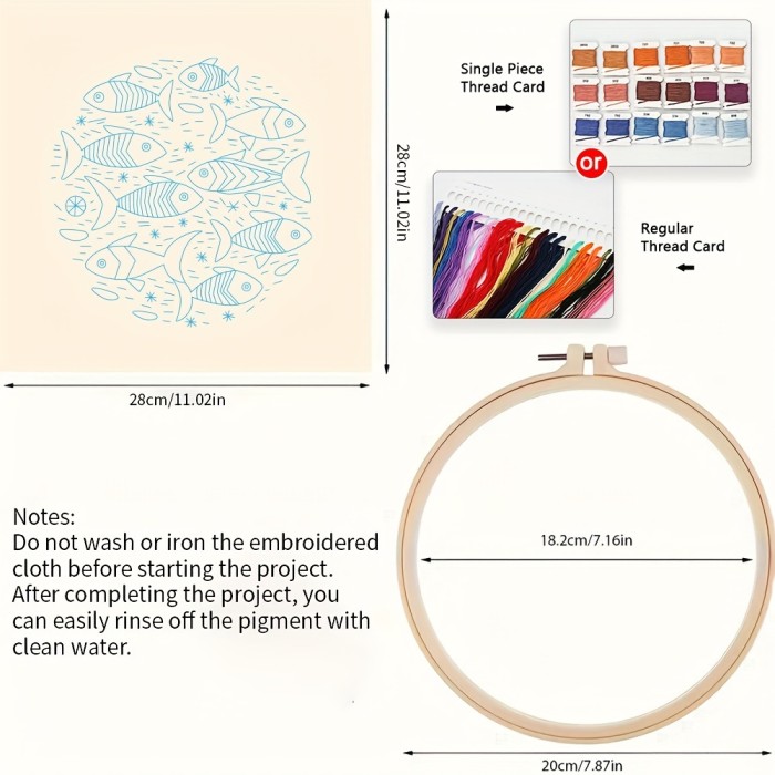 1pc Embroidery Kit, 20x20cm\u002F7.9x7.9inch Colorful Fish Pattern Needle Craft Handmade DIY Art for Adult Beginners, with Stamped Pattern, Instructions, Embroidery Hoop, Color Threads and Needles