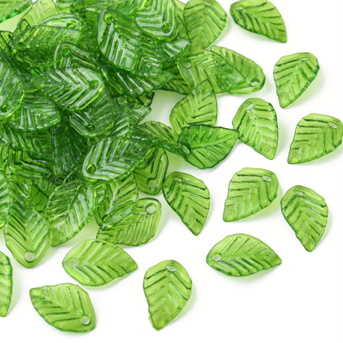 100Pcs Transparent Green Acrylic Leaf Pendants - Drilled Hole, Ideal for DIY Jewelry Making, Keychain, Earrings, and Small Business Crafts