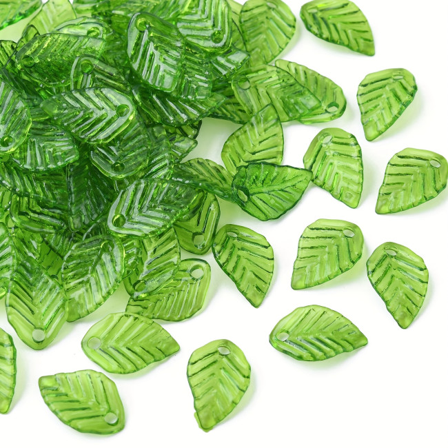 100Pcs Transparent Green Acrylic Leaf Pendants - Drilled Hole, Ideal for DIY Jewelry Making, Keychain, Earrings, and Small Business Crafts