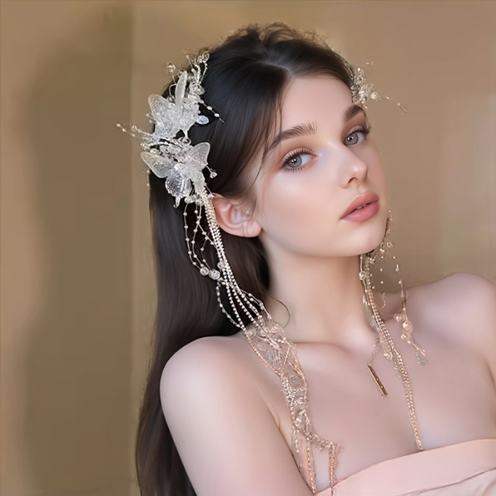 2pcs super fairy imitation butterfly tassel hair clip female bride styling headdress duckbill clip hair clip half-tied hair fairy beautiful season high-end elegant temperament fashion boutique hair accessories