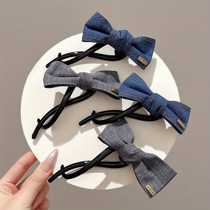Women's Korean Denim Hair Clip - Twisted Clip with Bow, Non-Slip Hairpin for Updos, Ponytails, Buns - Casual & Formal Events (Denim Blue\u002FGray) - Elegant Hair Accessories, Bunmaking Tools