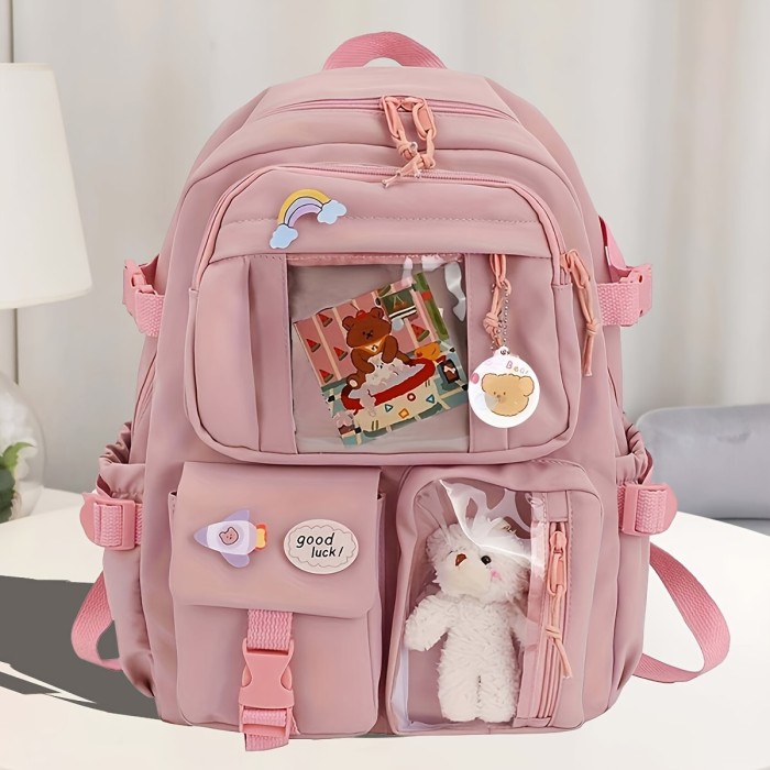 Stylish Pink Women'S Backpack with Multi-Pocket Design, Large Capacity Laptop Compartment, Soft Shell Nylon Material, Durable & Lightweight for School and Travel, Laptop Backpack