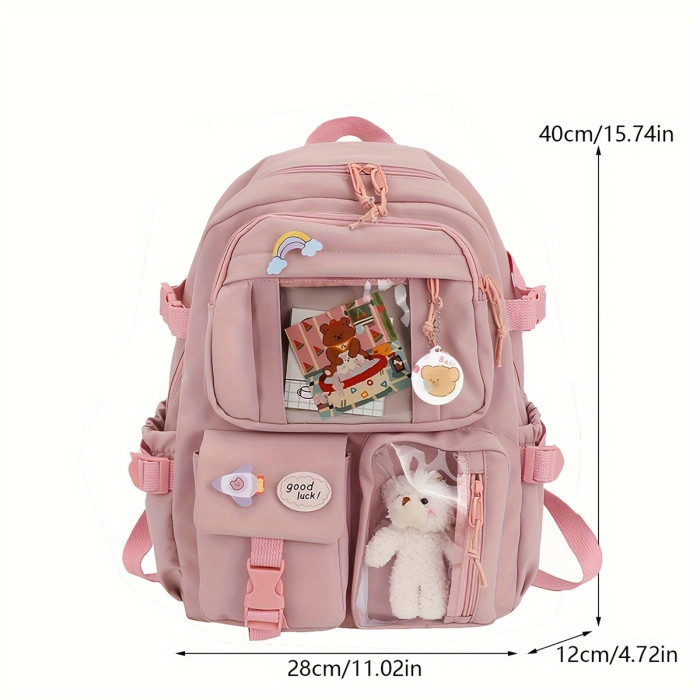 Stylish Pink Women'S Backpack with Multi-Pocket Design, Large Capacity Laptop Compartment, Soft Shell Nylon Material, Durable & Lightweight for School and Travel, Laptop Backpack