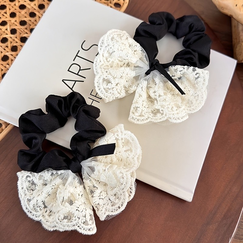 1 Set Vintage Elegant Embroidered Lace Hair Scrunchies with Bow Ribbon - Fabric Hair Ties for Women, Valentine'S Day Gift, Multiple Pieces