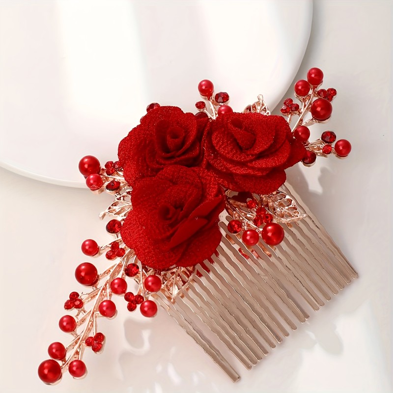 Vintage Hair Comb Red Vintage Elegant Floral Hair Comb Clip with Rhinestones and Pearls | Metal Bridal Headpiece, Wedding Dress Accessory for Women and Girls, Single Piece, Solid Color