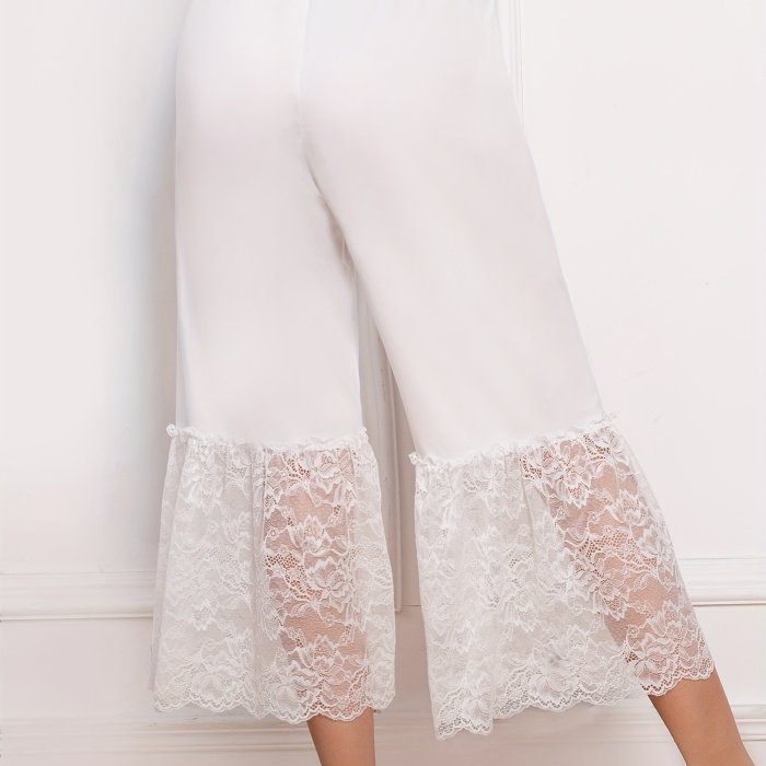 Lace Panelled Loose-Fitting Comfortable Elegant Solid Color Base Layer Wide-Leg Pants