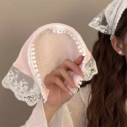 1pc Bohemian Style Lace Headband - Chic White Triangle Scarf Hair Accessory with Floral Embroidery, Polyester, Perfect for Beach and All-Season Fashion, Versatile Headband|Chic Accessory|Polyester Lace
