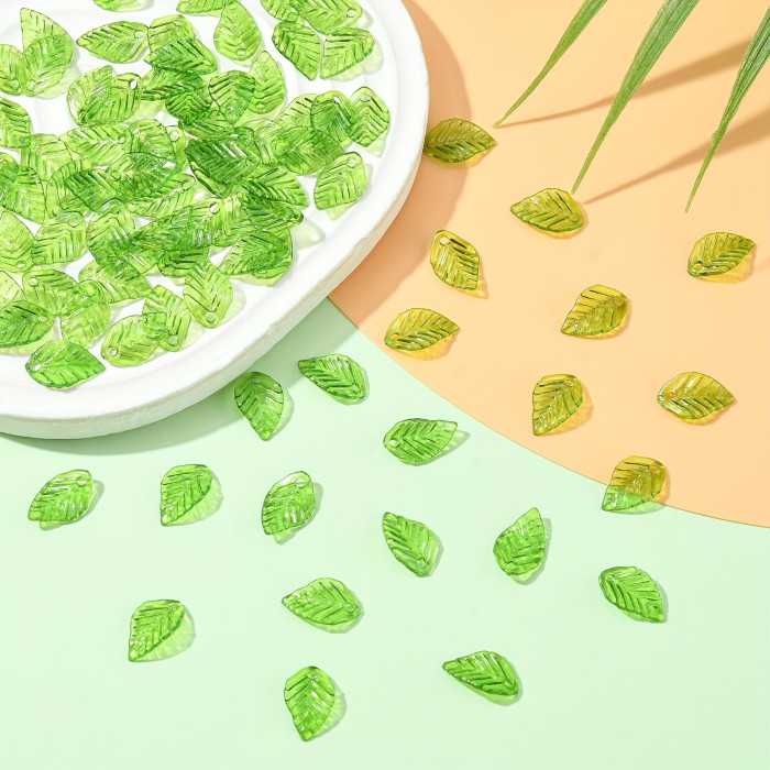 100Pcs Transparent Green Acrylic Leaf Pendants - Drilled Hole, Ideal for DIY Jewelry Making, Keychain, Earrings, and Small Business Crafts