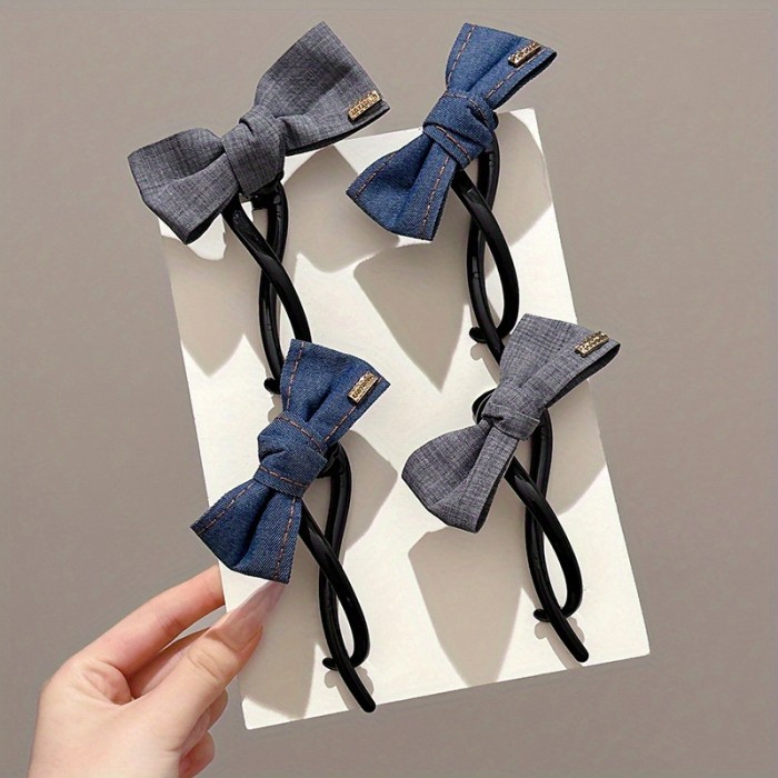 Women's Korean Denim Hair Clip - Twisted Clip with Bow, Non-Slip Hairpin for Updos, Ponytails, Buns - Casual & Formal Events (Denim Blue\u002FGray) - Elegant Hair Accessories, Bunmaking Tools