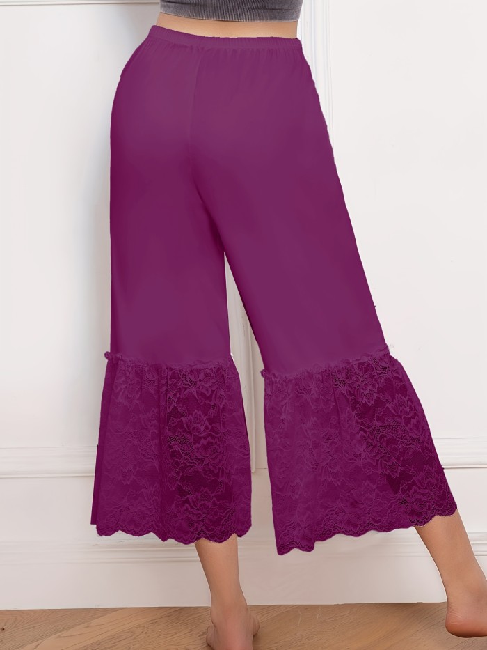 Lace Panelled Loose-Fitting Comfortable Elegant Solid Color Base Layer Wide-Leg Pants