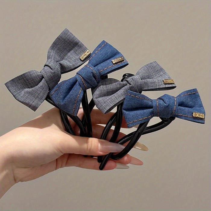 Women's Korean Denim Hair Clip - Twisted Clip with Bow, Non-Slip Hairpin for Updos, Ponytails, Buns - Casual & Formal Events (Denim Blue\u002FGray) - Elegant Hair Accessories, Bunmaking Tools
