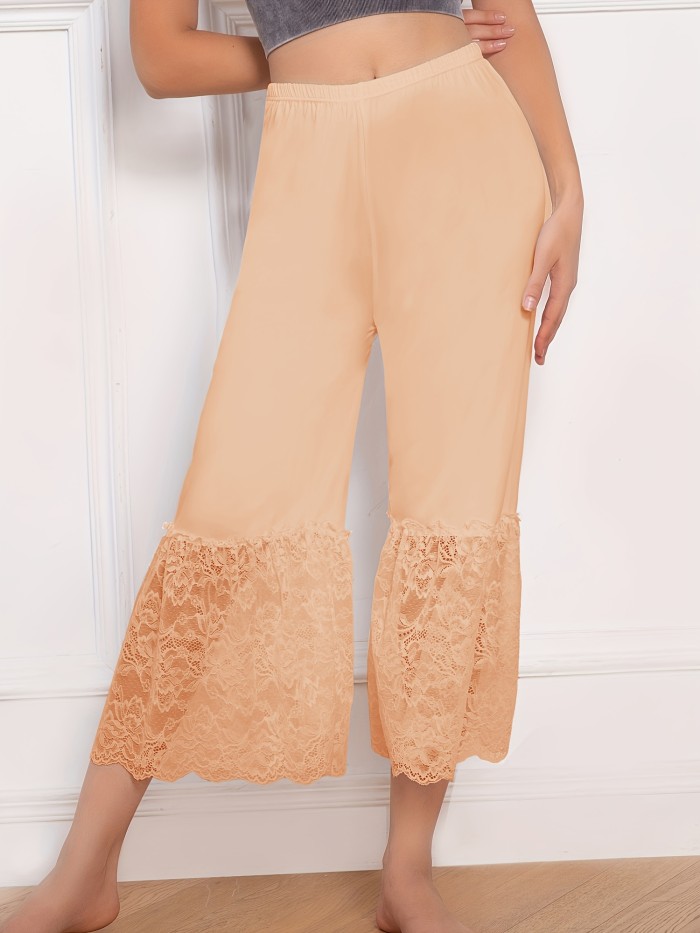 Lace Panelled Loose-Fitting Comfortable Elegant Solid Color Base Layer Wide-Leg Pants