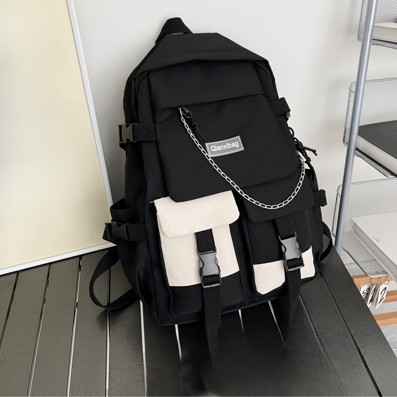 Stylish Men's Nylon Backpack with Letter Patch & Chain Decor - Lightweight Adjustable School Laptop Bag for College, Travel, Hiking, Camping, and Casual Use