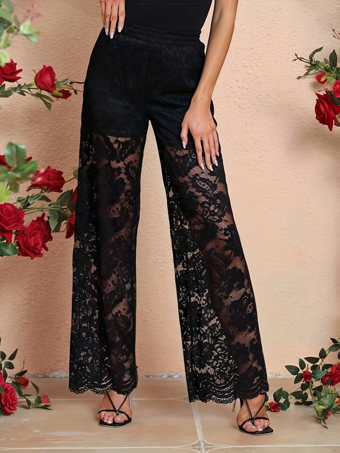 Women's Black Lace-Trimmed Sheer Mesh Wide-Leg Pants