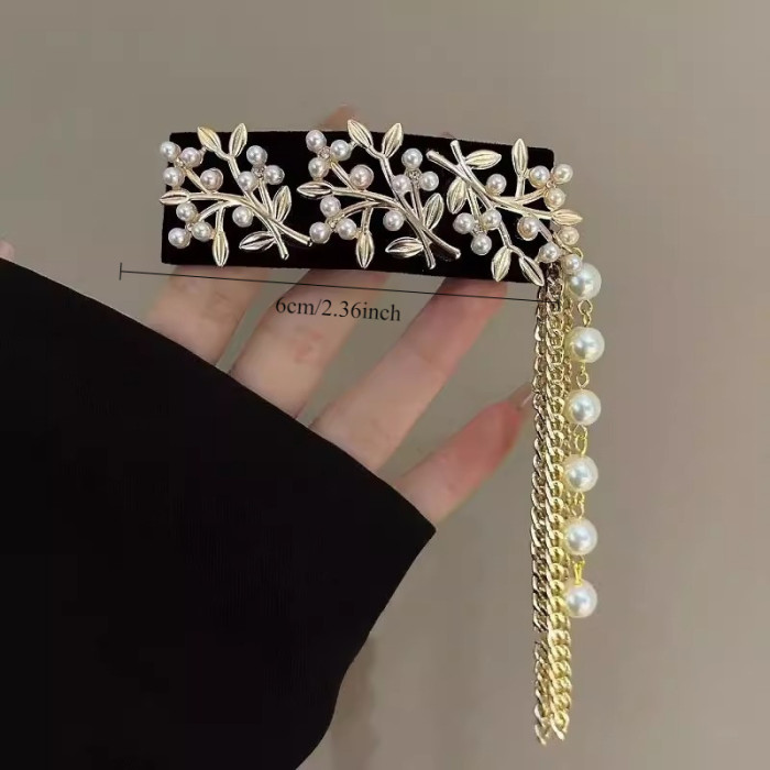 1pc Ethnic Style Faux Imitation Pearl Leaf Tassel Hair Clip for Women Side Bangs Fringe Hairpin Vintage New Chinese Fashion Elegant Daily Party Commute Gift for Family and Friends, Thanksgiving Christmas OPP Bag Packaging