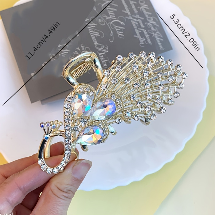 Vintage Peacock Feather Hair Claw Clip for Women - Elegant Zinc Alloy Shark Clip with Crystal Accents, Updo Grip Accessory for Stylish Hairdos, Hair Accessories