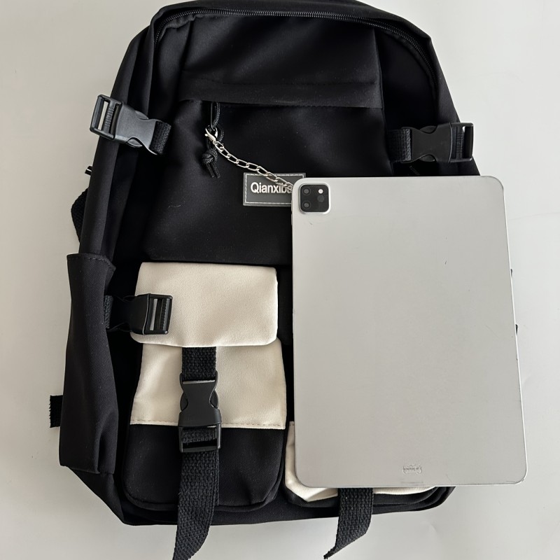 Stylish Men's Nylon Backpack with Letter Patch & Chain Decor - Lightweight Adjustable School Laptop Bag for College, Travel, Hiking, Camping, and Casual Use