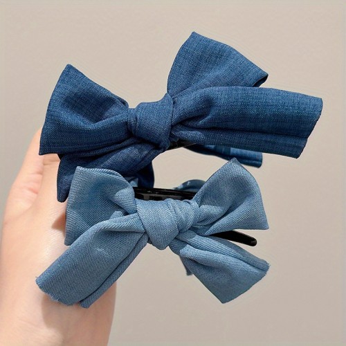Women'S Navy Blue Double-Sided Bow Hair Claw Clip - Chic Half-Up Shark Grip Hair Accessory for Parties & Events, Durable Fabric Design, Party Hair Clip | Chic Bow Design | Fabric Construction