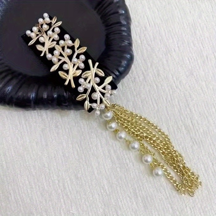 1pc Ethnic Style Faux Imitation Pearl Leaf Tassel Hair Clip for Women Side Bangs Fringe Hairpin Vintage New Chinese Fashion Elegant Daily Party Commute Gift for Family and Friends, Thanksgiving Christmas OPP Bag Packaging