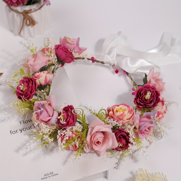 1pc Bohemian Floral Crown Headband - Vibrant Multicolor Artificial Flowers, Durable Plastic Wedding Bridal Accessories for Beach Parties, Halloween Christmas Photo Shoots, Hand Wash Only, Best for Christmas