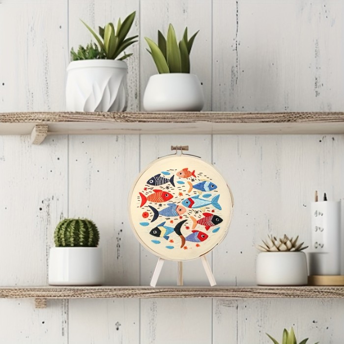 1pc Embroidery Kit, 20x20cm\u002F7.9x7.9inch Colorful Fish Pattern Needle Craft Handmade DIY Art for Adult Beginners, with Stamped Pattern, Instructions, Embroidery Hoop, Color Threads and Needles