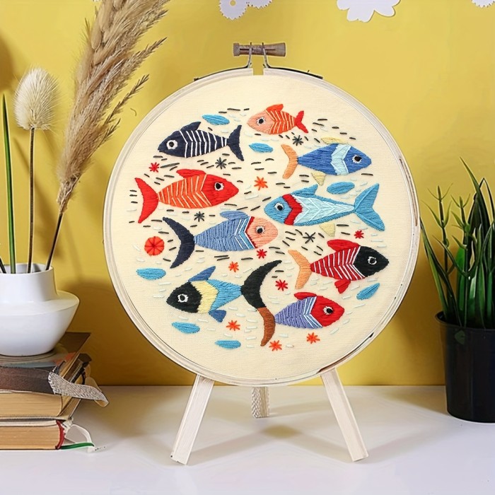 1pc Embroidery Kit, 20x20cm\u002F7.9x7.9inch Colorful Fish Pattern Needle Craft Handmade DIY Art for Adult Beginners, with Stamped Pattern, Instructions, Embroidery Hoop, Color Threads and Needles