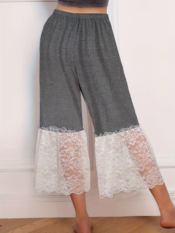 Lace Panelled Loose-Fitting Comfortable Elegant Solid Color Base Layer Wide-Leg Pants