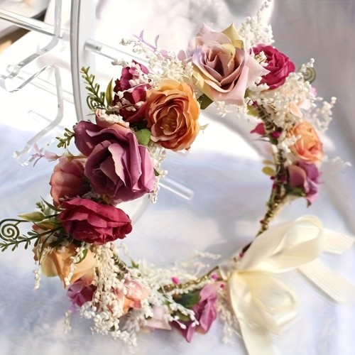 1pc Bohemian Floral Crown Headband - Vibrant Multicolor Artificial Flowers, Durable Plastic Wedding Bridal Accessories for Beach Parties, Halloween Christmas Photo Shoots, Hand Wash Only, Best for Christmas