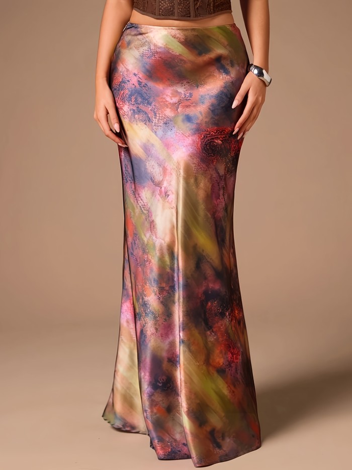 Glamine Women's Elegant Satin A-Line Midi Skirt - Versatile Floral Print Maxi Skirt with Zipper Closure, Machine Washable, Spring Summer Fall Office & Party Wear, Nontransparent Fabric