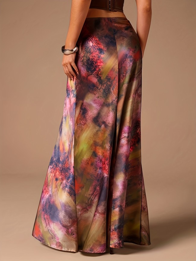 Glamine Women's Elegant Satin A-Line Midi Skirt - Versatile Floral Print Maxi Skirt with Zipper Closure, Machine Washable, Spring Summer Fall Office & Party Wear, Nontransparent Fabric