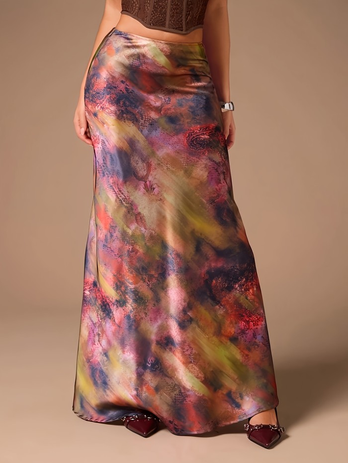 Glamine Women's Elegant Satin A-Line Midi Skirt - Versatile Floral Print Maxi Skirt with Zipper Closure, Machine Washable, Spring Summer Fall Office & Party Wear, Nontransparent Fabric