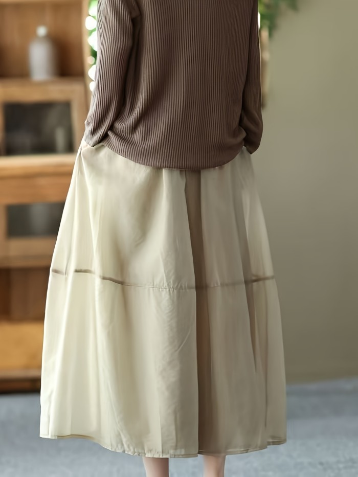 Elegant Beige Organza Midi Skirt with Pockets - Pleated Layered Design, Lightweight & Versatile for Spring\u002FSummer\u002FFall